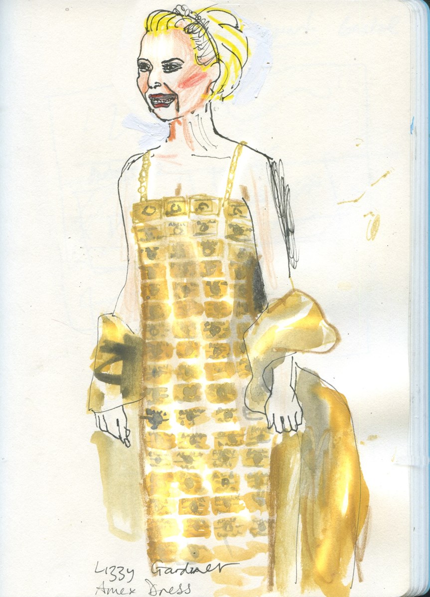 Lizzy Gardiner no Oscar de 1995 com o polêmico vestido repleto de cartões American Express