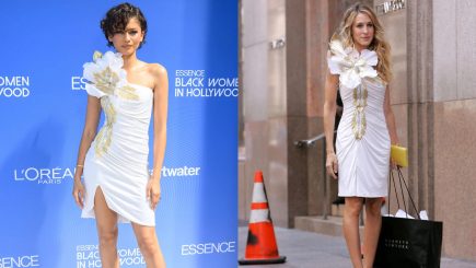 Zendaya e a personagem Carrie Bradshaw usando o mesmo vestido
