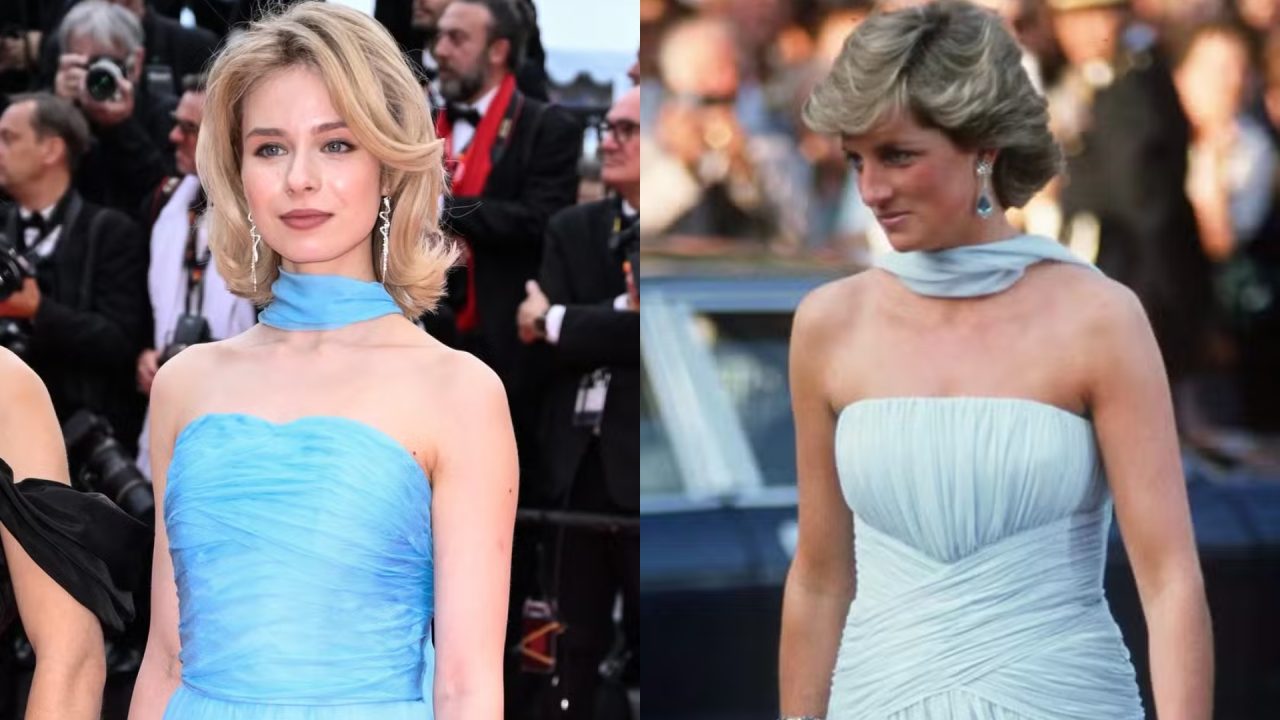 Vestido histórico da princesa Diana de 1987 é recriado por atriz no Festival de Cannes