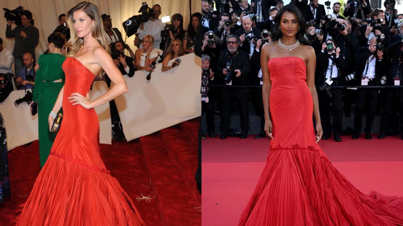 O vestido vermelho vibrante de Gisele Bündchen que Simone Ashley resgatou em Cannes