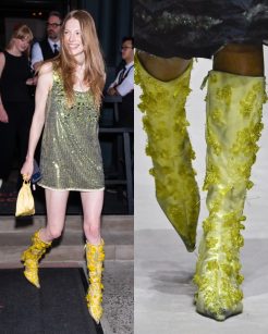 Hunter Schafer com bota verde chartreuse da Prada