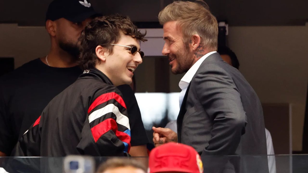 Timothée Chalamet e David Beckham na semifinal da Copa do Mundo